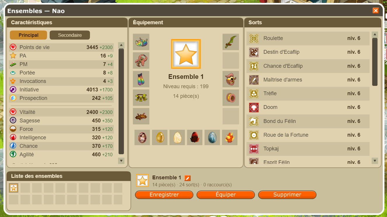 La fenêtre Ensembles : caractéristiques, équipement, sorts.