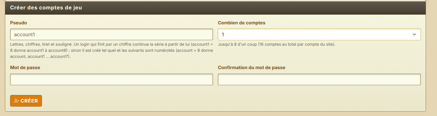 Le formulaire de création : pseudo, nombre de comptes, mot de passe.