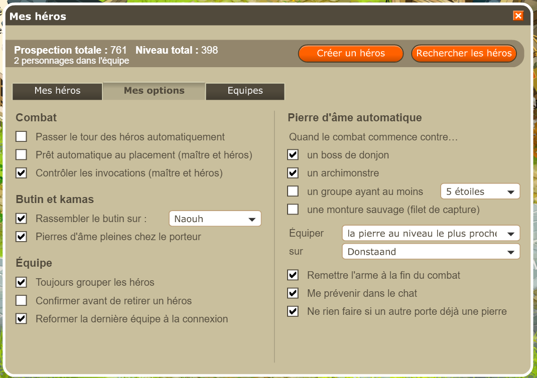 Les options : combat, butin, équipe et pierre d'ùme automatique.