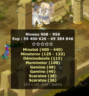 L'infobulle d'un groupe de monstres : niveau, XP, composition.