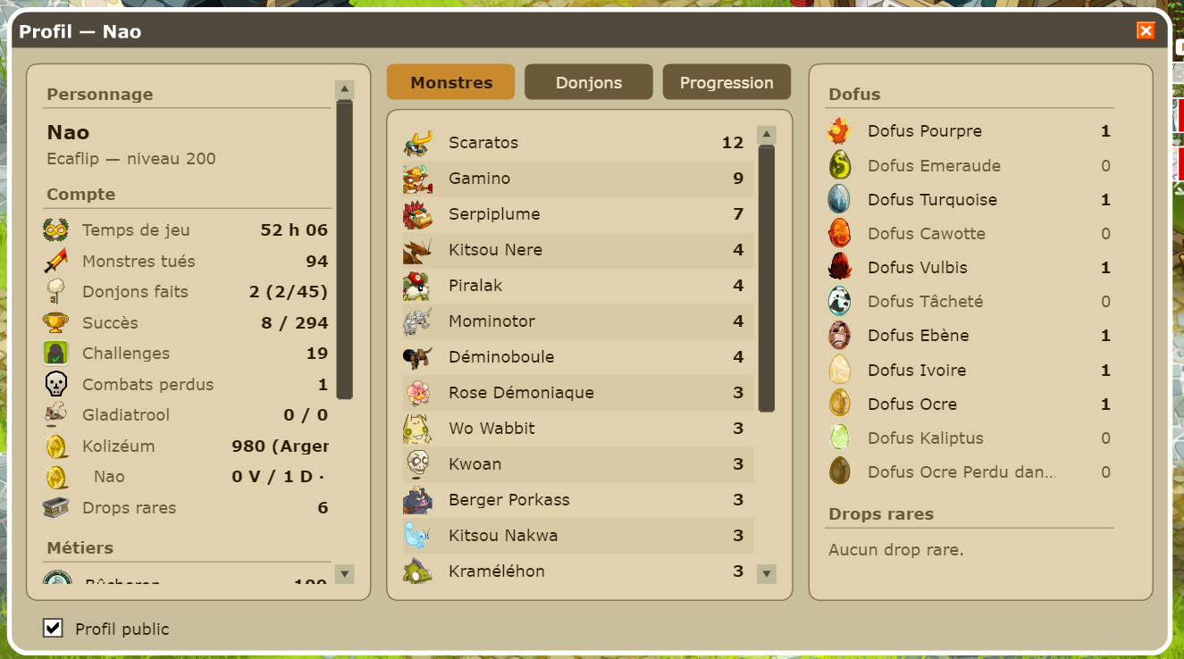 La fenêtre Profil : compte, monstres, Dofus.