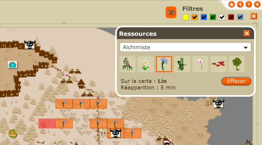 La carte des ressources : le Lin de l'alchimiste surligné sur la carte du monde.